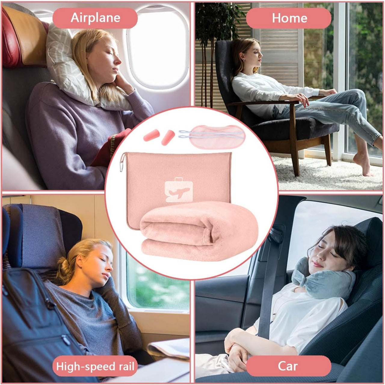 Portable Travel Blanket multifunctional Soft Double-sided Flannel Blanket 2 in 1 Airplane Blanket with Soft Bag Pillowcase